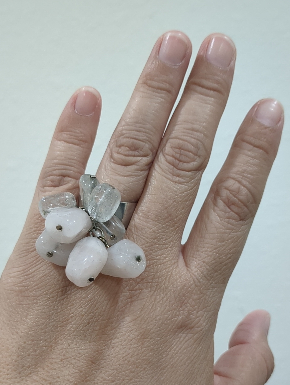 Artisan Sterling Silver Ring with White & Rose Quartz Cluster